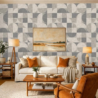 Chunlei Peel and Stick Wallpaper, Grey Beige Mid-Century Geometric Pattern, 118in x 17.7in, Waterproof Vinyl, Removable Reusable, Eco-Friendly, for Bedroom Living Room Rental Apartment - color: Beige04, size: 17.7" x 118.1"