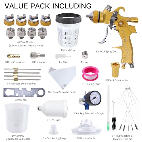HVLP Spray Gun Kit, 4 Nozzles,10 Disposable Paint Cup System,Gold - color: gold