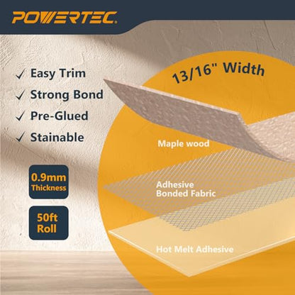 POWERTEC Maple Edge Banding – 13/16" x 50 Ft Pre-Glued Veneer Edging Tape Roll for Cabinet Repair, Furniture Restoration, Shelving & DIY Projects (72370) - color: Maple