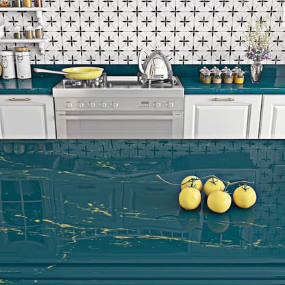 Livelynine 15.8x197 Marble Contact Paper Peel and Stick Countertop Vinyl Wrap Kitchen Counter Top Self Adhesive Covering Waterproof Wallpaper for Bathroom Countertops Teal Green and Gold Desk Covers - size: 15.8" x 197"