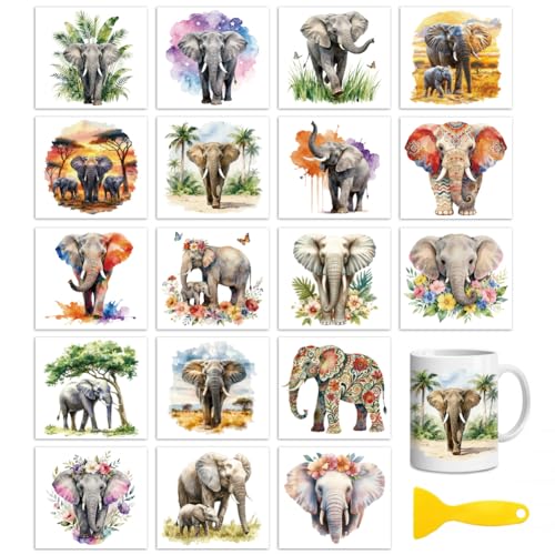 Peacoblue Elephant Flowers Rub On Transfers for Craft, Transfer Sticker - style: Elephants with Green Plants and Flowers