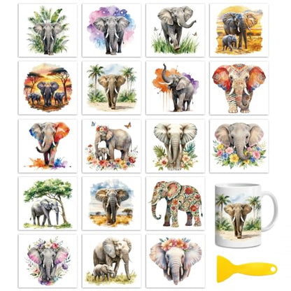 Peacoblue Elephant Flowers Rub On Transfers for Craft, Transfer Sticker - style: Elephants with Green Plants and Flowers