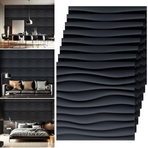 Chunful 30 Pcs 28.81 Sq ft 3D Wall Panels PVC Wave Design,11.8" x 11.8" Wall Panels Brick Wallpaper Waterproof for Interior Living Room Bedroom Decor(Black)