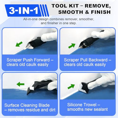 Silicone Caulking Tool Kit, 3 in 1 Caulk Remover, Grout Removal Scraper and Sealant Finishing Tool, Glass Glue Angle Scraper for Floor Window Sink Joints Bathroom Kitchen (Black)
