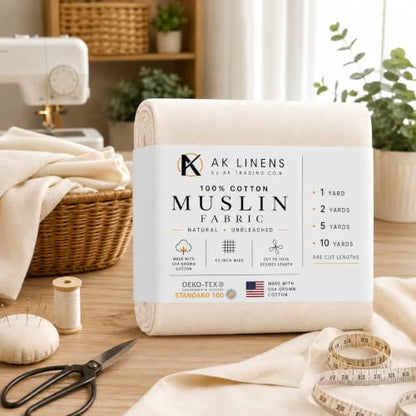 AK TRADING CO. Muslin Fabric/Textile Unbleached - Draping Fabric - Natural 10 Yards Medium Weight - 100% Cotton (63in. Wide) - color: Natural Unbleached, size: 10 Yards