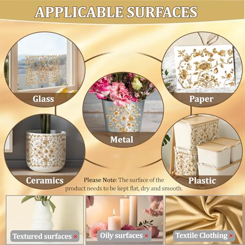 WANDIC 3 Sheets Rub On Transfer Stickers, Retro Golden Flowers Pattern Waterproof Decals Furniture Craft Embellishments for DIY Scrapbooking Photo Albums,15 * 30cm - color: Golden Flowers