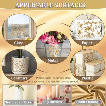 WANDIC 3 Sheets Rub On Transfer Stickers, Retro Golden Flowers Pattern Waterproof Decals Furniture Craft Embellishments for DIY Scrapbooking Photo Albums,15 * 30cm - color: Golden Flowers