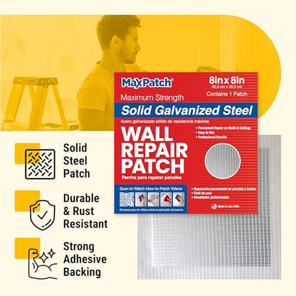 MaxPatch® 6 in. x 6 in. Solid Metal Self-Adhesive Wall Repair Patch (3-Pack) – Durable Galvanized Metal, Easy Application for Drywall, Plaster, and Ceiling Repairs