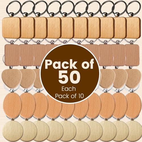 Blank Wood Keychains - Beech Wood DIY Craft Blanks for Engraving | 50 Pack