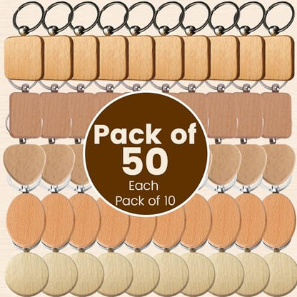 Blank Wood Keychains - Beech Wood DIY Craft Blanks for Engraving | 50 Pack