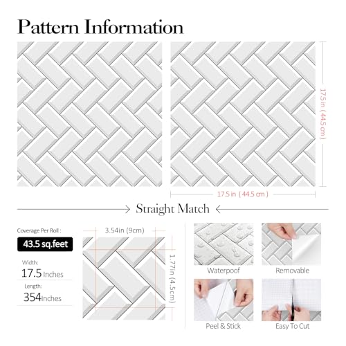FunStick 17.5"x354" Herringbone White Wallpaper Peel and Stick Kitchen Backsplash Wallpaper Tile Contact Paper for Countertops Self Adhesive Vinyl Wall Paper Roll for Kitchen Bathroom Walls Waterproof - size: 17.5 x 354 Inches