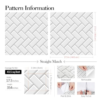 FunStick 17.5"x354" Herringbone White Wallpaper Peel and Stick Kitchen Backsplash Wallpaper Tile Contact Paper for Countertops Self Adhesive Vinyl Wall Paper Roll for Kitchen Bathroom Walls Waterproof - size: 17.5 x 354 Inches