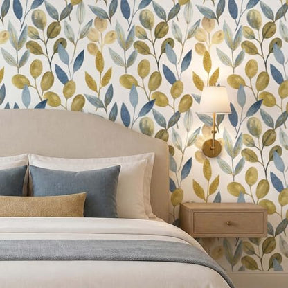 Blue and Gold Leaf Peel and Stick Wallpaper 17.7" x 70.8" - color: Blue/Gold, size: 17.7" x 70.8"
