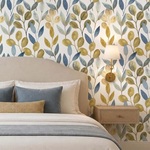 Blue and Gold Leaf Peel and Stick Wallpaper 17.7" x 212.6" - color: Blue/Gold, size: 17.7" x 212.6"
