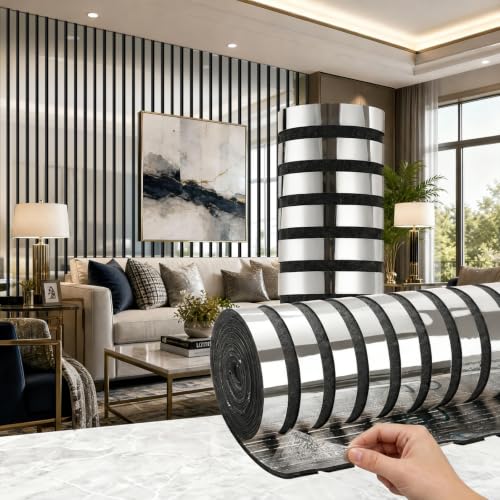 Mirror Striped Peel and Stick Wallpaper 6mm Thick 3D Silver Wall Decor Stripe Wallpaper Self-Adhesive Removable Waterproof Wall Paper Modern Living Room - color: Silver