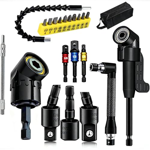 21pcs Right Angle Drill Attachment, 105 Degree Flexible Extension with Hex Shank, Rotatable Socket Adapter for Screwdriver Bits (black) - color: 21pcs-2