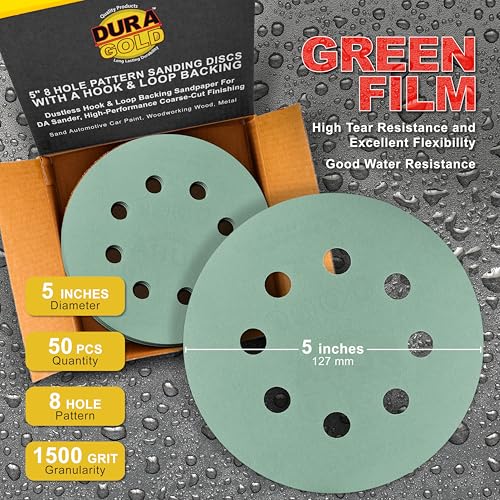 Dura-Gold 5" Green Film Sandpaper Discs, 1500 Grit, 8 Hole Pattern 50 Discs - size: 1500-Grit - Green Film