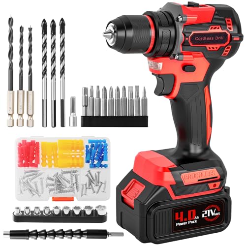 21V Cordless Brushless Power Drill Set with 4.0Ah Large Capacity Battery and Charger, 3/8-Inch Metal Keyless Chuck Electric Drill Driver, 25+1 Torque Setting, 2 Speed, 87pcs Drill kit for DIY Projects - color: Red