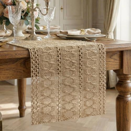 Burlap Boho Table Runner Macrame Brown 108in Farmhouse Woven Runner - color: Brown, size: 12'' x 108''