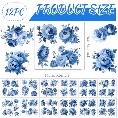 12 Sheets Blue Floral Rub on Transfers for Crafts Blue Rose Clings Window Stickers for Glass Scrapbooking Journals Planners for Home Office Decor - style: Peonies in Blue