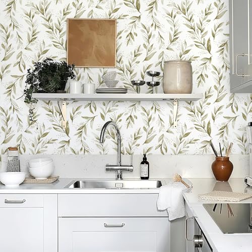Livebor Peel and Stick Wallpaper Olive Leaf Contact Paper 17.7inch x 118.1inch Floral Leaf Wallpape Peel and Stick Self Adhesive Removable Contact Paper for Bathroom Cabnits Modern Decorative Vinyl - size: 17.7" x 118.1"