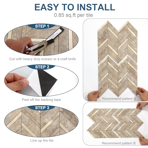Yipscazo 10-Sheet Herringbone Backsplash Peel and Stick Tile, Beige Stone Mixed Metal Gold PVC Stick on Backsplash for Kitchen, Waterproof Self Adhesive Wall Tile for Bathroom - color: Beige Stone Mixed Metal Gold