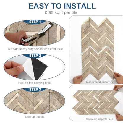 Yipscazo 10-Sheet Herringbone Backsplash Peel and Stick Tile, Beige Stone Mixed Metal Gold PVC Stick on Backsplash for Kitchen, Waterproof Self Adhesive Wall Tile for Bathroom - color: Beige Stone Mixed Metal Gold