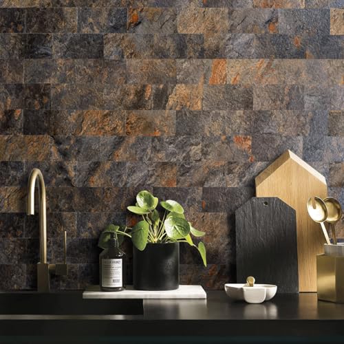 AULIGET 100 Piece Rust Slate Peel and Stick Backsplash Wall Tiles, 3" x 6" PVC Faux Stone Stick on Tiles for Backsplash Kitchen, Bathroom, Laundry Room, Camper, Fireplace - color: Rust Slate