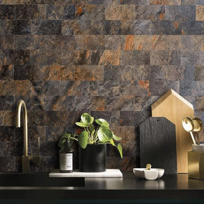 AULIGET 100 Piece Rust Slate Peel and Stick Backsplash Wall Tiles, 3" x 6" PVC Faux Stone Stick on Tiles for Backsplash Kitchen, Bathroom, Laundry Room, Camper, Fireplace - color: Rust Slate