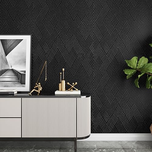 Decotalk Black Textured Wallpaper Peel and Stick Textured Wallpaper for Bedroom Walls Self Adhesive Black Contact Paper Line Geometric Texture Wall Paper 12x120 Inch - size: 12" x 120"