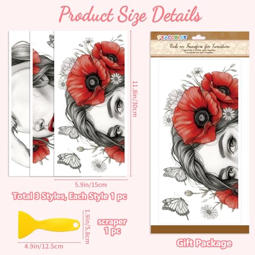 Peacoblue Woman Face Flowers Rub On Transfers for Furniture 6"x12" - style: Black Sketch Woman Face Red Flowers