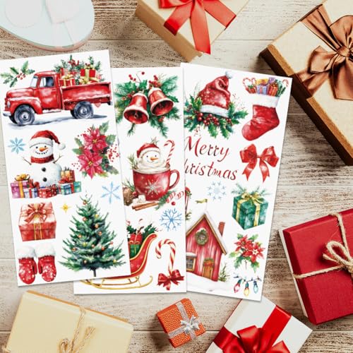 INFUNLY 3 Sheet Merry Christmas Rub on Transfers for Crafts 6x12 Christmas Tree Bell Furniture Rub on Transfer Sticker Snowman Transfer Decals Waterproof for Wood Glass Scrapbook DIY Paper Home Decor - style: Christmas Theme 2