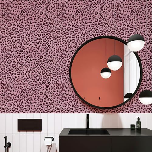 Simon&Siff Leopard Print Peel and Stick Wallpaper 17.3"x400" Black/Pink Removable Wallpaper Renter Friendly Waterproof Contact Paper for Bedroom Bathroom Living Room Cabinet - color: Pink, size: 17.3" x 400"