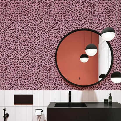 Simon&Siff Leopard Print Peel and Stick Wallpaper 17.3"x400" Black/Pink Removable Wallpaper Renter Friendly Waterproof Contact Paper for Bedroom Bathroom Living Room Cabinet - color: Pink, size: 17.3" x 400"