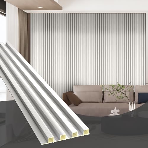 OUZUGIE WPC Acoustic Slat Wall Paneling, 8-Pack 96 x 6 Inches 3D Wall Panels for Interior Wall Decor,Living Room,TV Background,Study Room,Office Spaces,Bedroom,High Grille (Metallic Silver) - color: Metallic Silver, size: (High)96“ x 6"