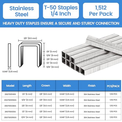 meite T50 Stainless Steel Staples Marine, 1/4 Inch Heavy Duty Staples for Staple Gun - 1512 Counts, 20 Gauge 3/8 Inch Crown T50 Upholstery Staple for Marine Applications - size: 1/4 Inch, style: 1 Pack (1,512 Counts)