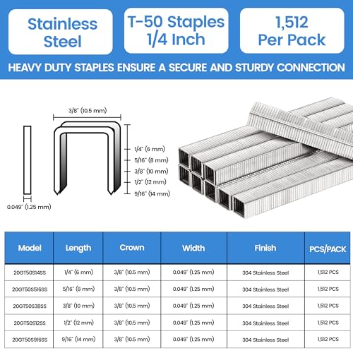 meite T50 Heavy Duty Staples Marine, 1/4 Inch 304 Stainless Steel Staples for Staple Gun, 20 Gauge 3/8 Inch Crown Upholstery Staple for Marine Applications (1 Case) - size: 1/4 Inch, style: 1 Case (30 Packs)