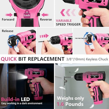 JENABOM 8V Pink Cordless Drill, 3/8" Keyless Chuck, Variable Speed - color: Pink