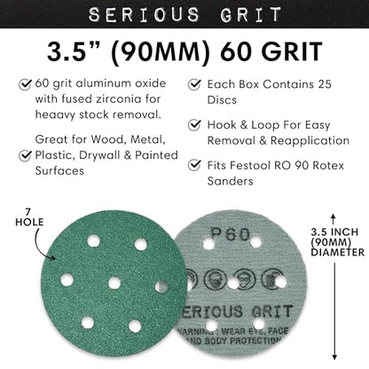 Serious Grit - 3.5" (90mm) 7-Hole P60 Grit Sanding Discs - 25 Pack Box - size: 60 Grit