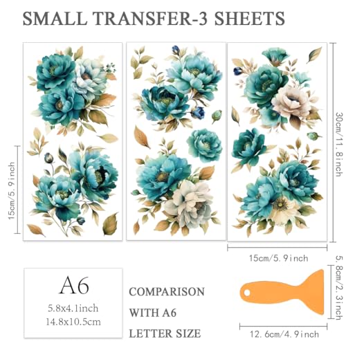 OLYCRAFT 3Pcs/Set Blue Green Flower Rub on Transfers for Furniture and Craft 6x12 Inch Peony Furniture Decal Transfer Sticker Rub on Decal with 1pc Scraper for Scrapbook Window Home Decoration - style: Blue Green Flower