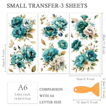 OLYCRAFT 3Pcs/Set Blue Green Flower Rub on Transfers for Furniture and Craft 6x12 Inch Peony Furniture Decal Transfer Sticker Rub on Decal with 1pc Scraper for Scrapbook Window Home Decoration - style: Blue Green Flower