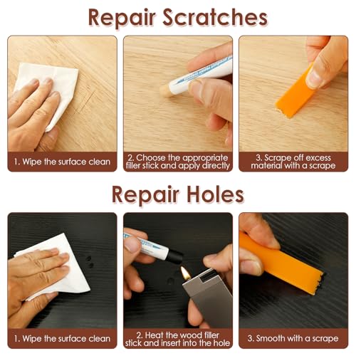 Furniture Repair Kit with 22 Pieces, Lasting Result, Wood Crayons Marker, Wood Paint Touch Up Pen, Wood Floor Scratch Repair Kit for