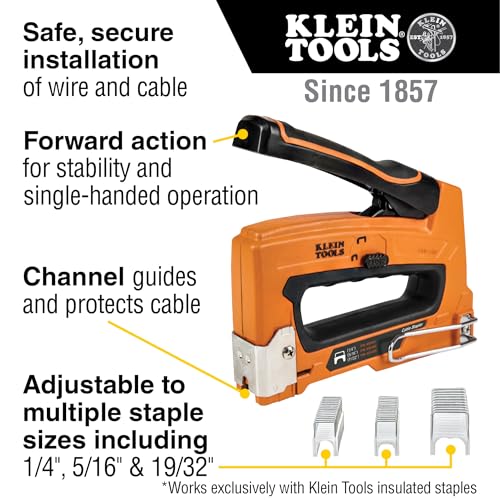 Klein Tools 450-100 Heavy Duty Stapler for Voice, Data, Video and Nonmetallic Sheathed Cable Fits 1/4-, 5/16-, and 19/32-Inch Staples