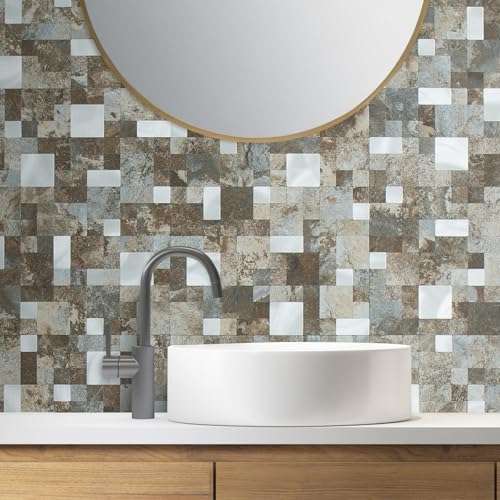 DICOFUN 12" x 12" Square Mosaic Peel and Stick Tile Backsplash, Mixed Metal Silver Stick on Wall Kitchen and Bathroom Tiles, Stick on Backsplash for Stove (10, Beige & Brown Slate) - color: Beige and Brown Slate, size: 10 Sheets, 12"x12"x0.12"