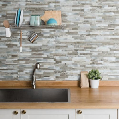 AULIGET Peel and Stick Backsplash, Coffee & Brown Wood Look PVC Mixed Metal Stick on Bathroom Backsplash, 2 - color: Coffee & Brown Wood + Metal Silver, size: 2 Sheets, 6"x12"x0.12"