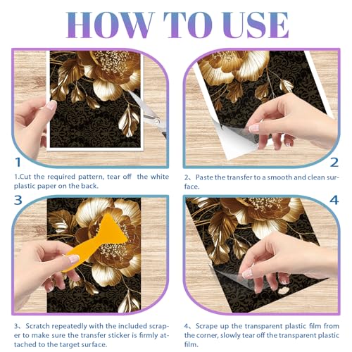 GLOBLELAND 3 Sheets 3D Gold Peony Rub on Transfer for Furniture 6×12 inch - style: 3D Golden Peony