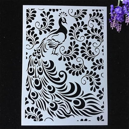 TIAMECH A4 Reusable Feather Leaves Peacock Stencil for Painting - style: Peacock and Leaves