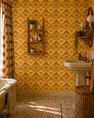 Retro Geometric Peel and Stick Wallpaper Removable Orange Yellow 9in×19.7ft - color: Orange/Yellow