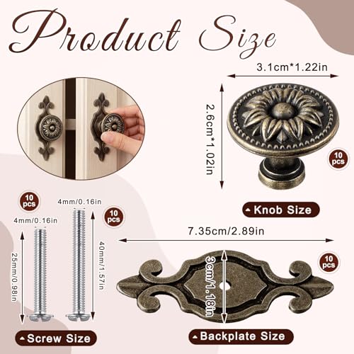 10 Pcs Antique Brass Cabinet Knobs Vintage Retro Drawer Knobs with Backplate Flower Shape Metal Dresser Pull Handles for Kitchen Cupboard Wardrobe Cabinet(Sunflower) - style: Sunflower