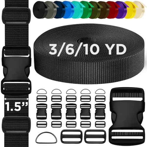 TECEUM 1.5" Nylon Strap Kit with Buckles, Black 6 yards Repair Set - color: Black, size: 1.5" - 6 yards, style: 6 Buckle - 12 Slides - 6 D-rind